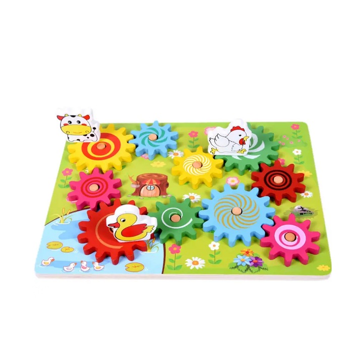 Joc puzzle 3D Ælements®, Animale pe roti zimtate, stil Montessori, din lemn, 30x22.5cm