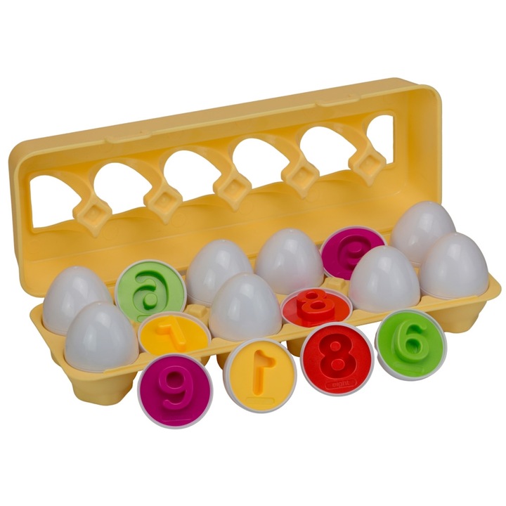 Joc educativ Matching Eggs, Potriveste Oua cu Numere 0-9 multicolor, 12 oua albe in cofrag, OnemisFlot