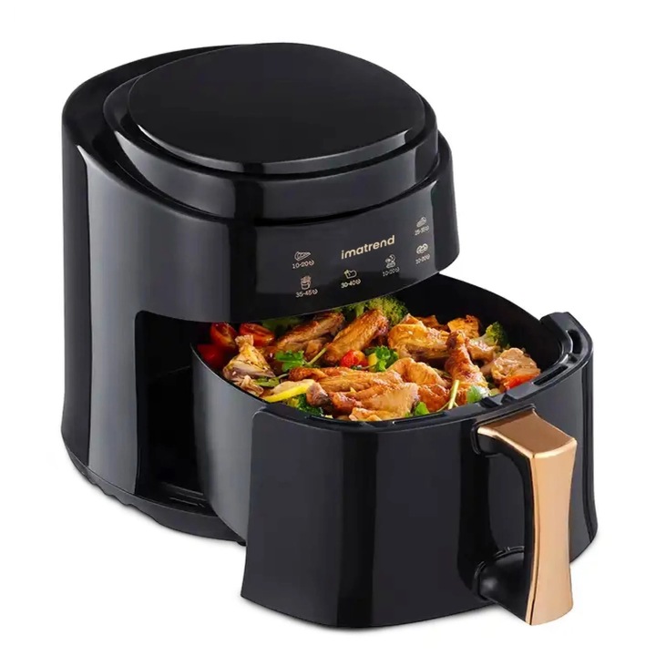 Фритюрник С Горещ Въздух Без Мазнина, IMA TREND®, Air Fryer, XL, 1400W, Капацитет 8L, Регулируема Температура 80–210°C, Таймер До 60 Мин., Подвижна Тенджера С Незалепващо Покритие, Цифров Дисплей, Идеален За Здравословно Готвене, Черен