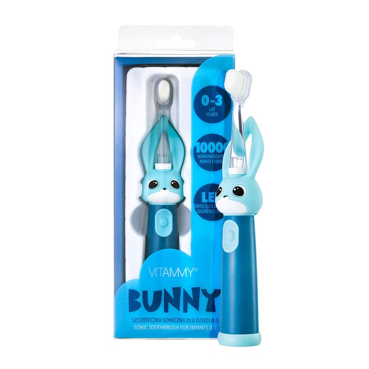 Periuta de dinti electrica Vitammy Bunny Blue, pentru copii 0-3 ani, cu lumina LED, 24.000 de miscari sonice/min, 2 programe de periaj, fibre nano