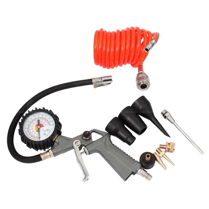 Set 10 accesorii pentru compresor BSD, Manometru, Furtun, Duze, Multicolor