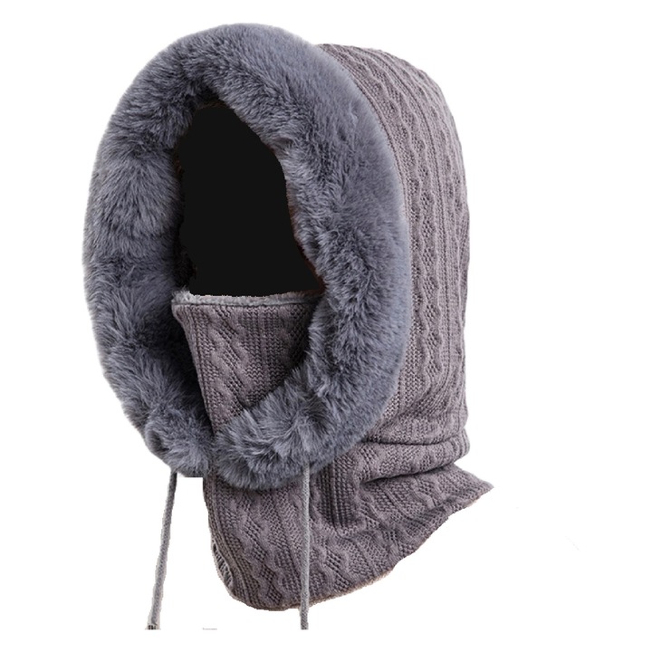Caciula dama, in stil gluga reglabila cu snur si prelungire guler tip fular, cu captuseala moale si calduroasa, marime universala, gri