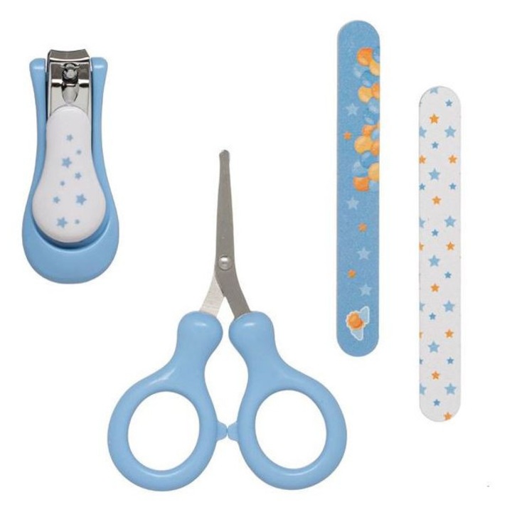 Set ingrijire bebelusi 4 buc. cu model, contine unghiera cu husa, foarfeca cu varfuri rotunjite si husa, 2 pile, albastru