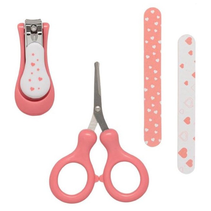 Set ingrijire bebelusi 4 buc. cu model, contine unghiera cu husa, foarfeca cu varfuri rotunjite si husa, 2 pile, roz