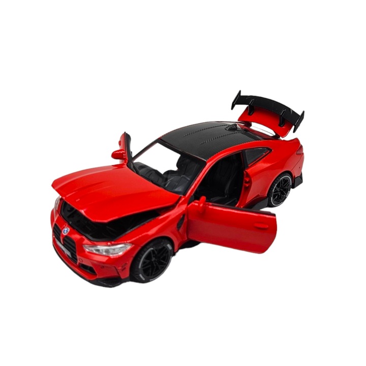 Метален автомобил BMW M4, Подвижни врати, Отварящ се капак и багажник, Звуци и светлини, Мащаб 1:32, Червен, 16см