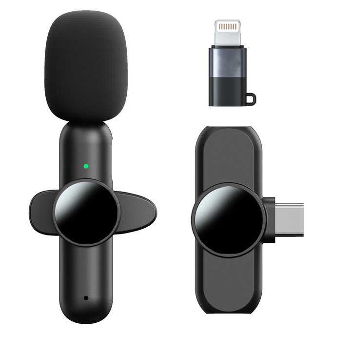Комплект микрофон, безжичен, USB-C/Lightning, черен, за смартфони, лаптопи, таблети, plug and play, стрийминг на живо, за аудио или видео продукция, съвместим с iPhone, iPad и Android устройства
