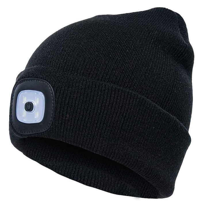 Caciula de toamna/iarna, Axroad Mall, 3 moduri de iluminare, Cu lumina 4 LED, Unisex, Reincarcabil USB, 200mAh, Tesatura respirabila, Usor de curatat, Detasabil, Ideal pentru ciclism, alergare, camping, Acril, 20cm*22cm, Negru