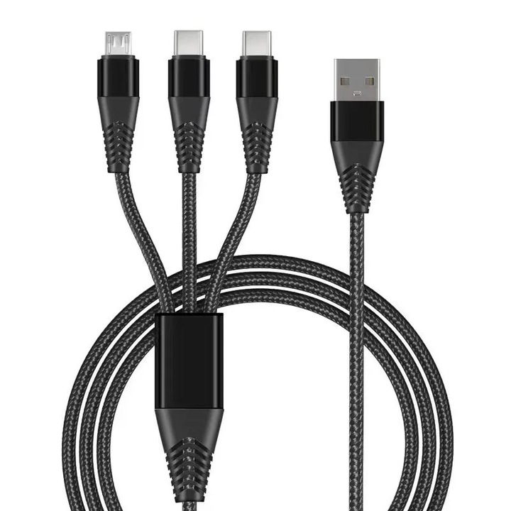 Cablu de Date/Incarcare OZ LOD-12 3 in 1, Premium, USB la USB-C mx 66W, la Micro USB max 2.4A si la Light max 2.4A, 1.2M, material impletit si durabil, USB-C la 3 tipuri de mufe, Negru