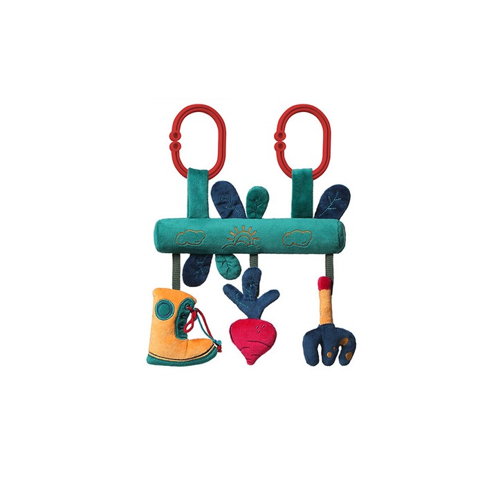 Jucarie multifunctionala BabyOno, pentru patut si carucior, Baietelul gradinar, Cu agatatoare, Dezvolta abilitati motorii si senzoriale, 0 luni+, Multicolor