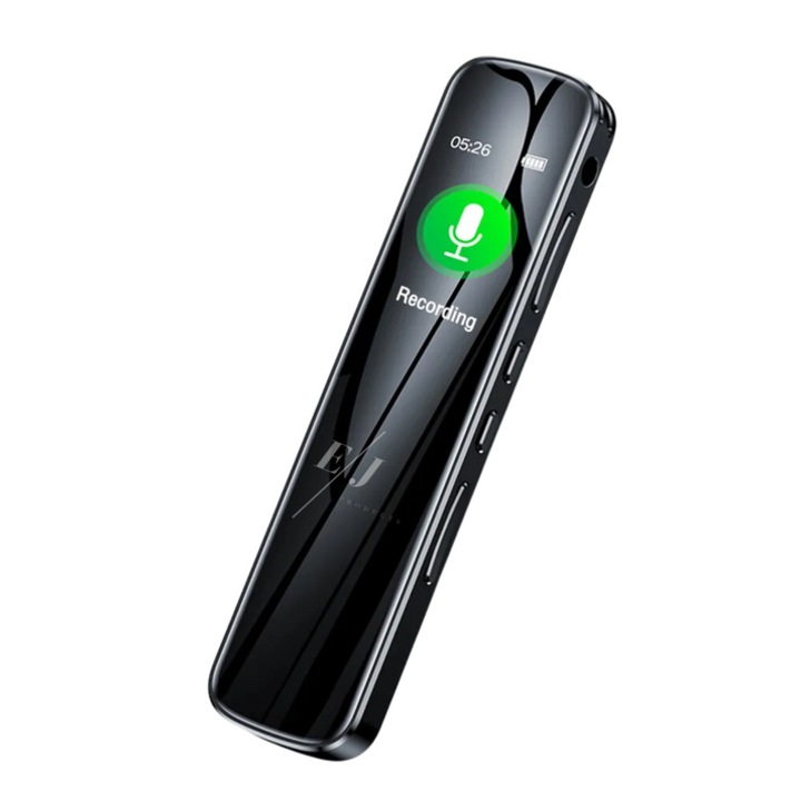 EJ Products, M12, 16GB, гласово активиран цифров диктофон, запис по график, интелигентно намаляване на шума, интелигентно сегментиране, възпроизвеждане с променлива скорост, MP3 плейър, черен