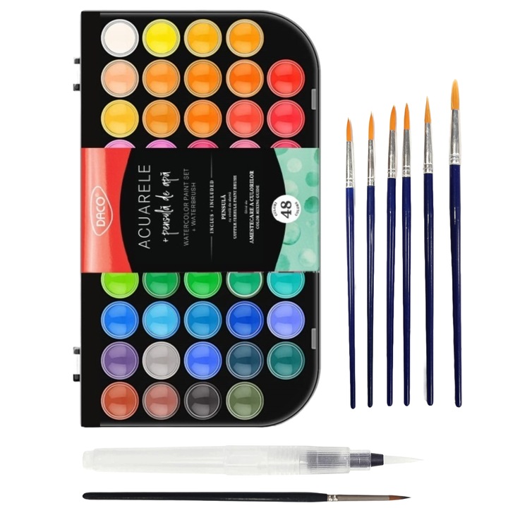 Acuarele 48 culori, Daco, pentru copii, adulti sau artisti, pensula cu rezervor si 6 pensule normale FLR, lavabile, Non-toxice