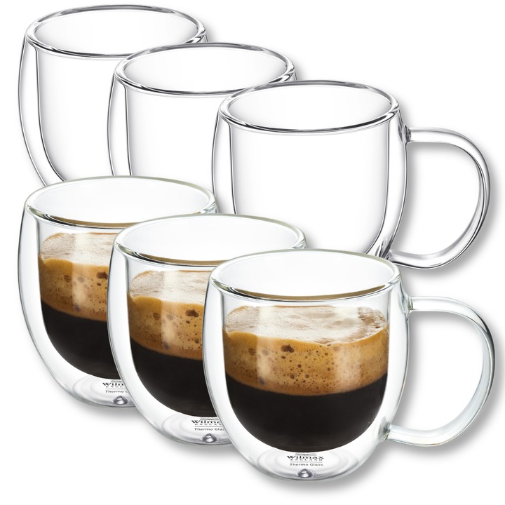 Set cesti cafea termo sticla transparente, perete dublu, 200 ml, 6 piese, cani pentru cafea, ceai, cappuccino, Thermoglass, Wilmax England