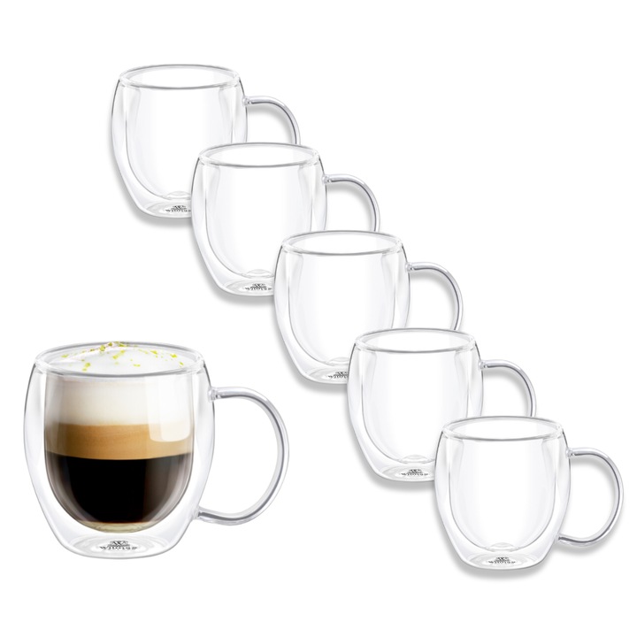 Комплект 6 двустенни стъклени чаши, Wilmax England, термоустойчиви, 200 мл, за кафе
