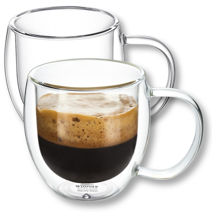 Set cesti cafea termo sticla transparente, perete dublu, 200 ml, 2 piese, cani pentru cafea, ceai, cappuccino, Thermoglass, Wilmax England