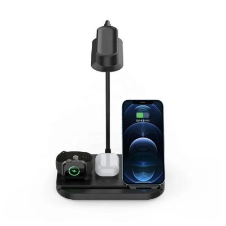 Lámpa és állvány, 3 az 1-ben, gyors vezeték nélküli töltés, iPhone/Android, Apple Watch, 15 W, fekete