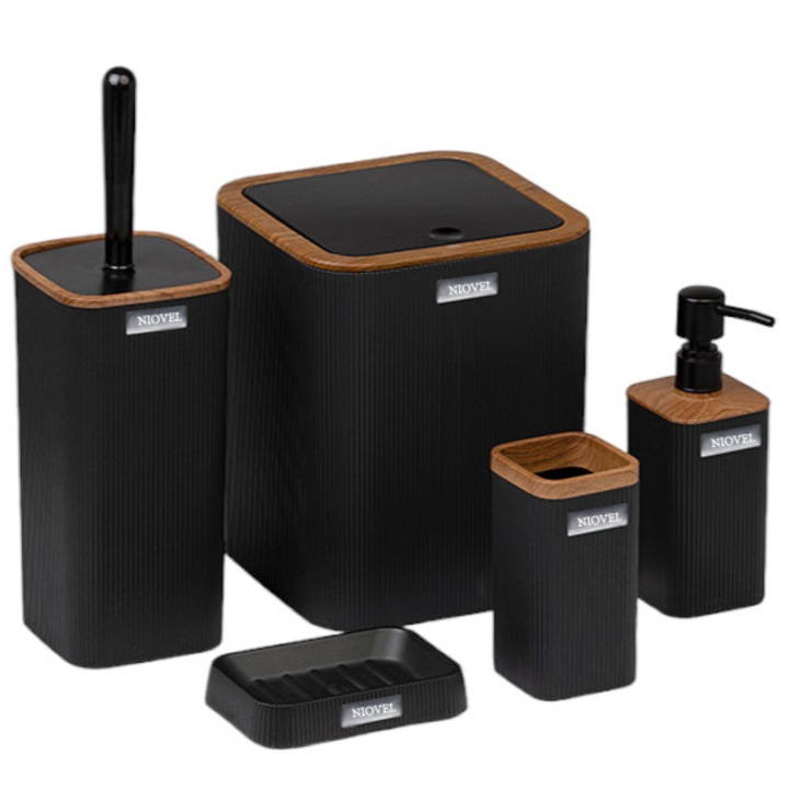 Set accesorii baie 5 piese Niovel® MKS3, perie wc, cos gunoi, dispenser sapun, suport periute, suport sapun, Negru