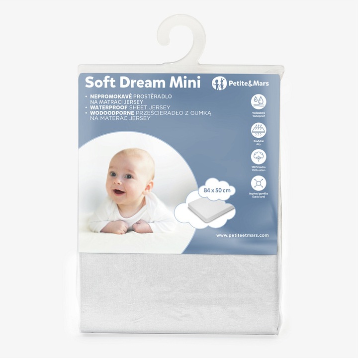 Cearceaf elastic impermeabil Petite&Mars, Pentru patut co-sleeper, Din bumbac, 84x50 cm, 0 luni+, Alb