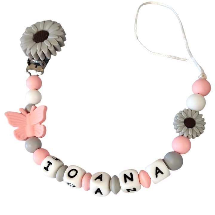 Lantisor pentru suzeta din silicon alimentar Gray Flower