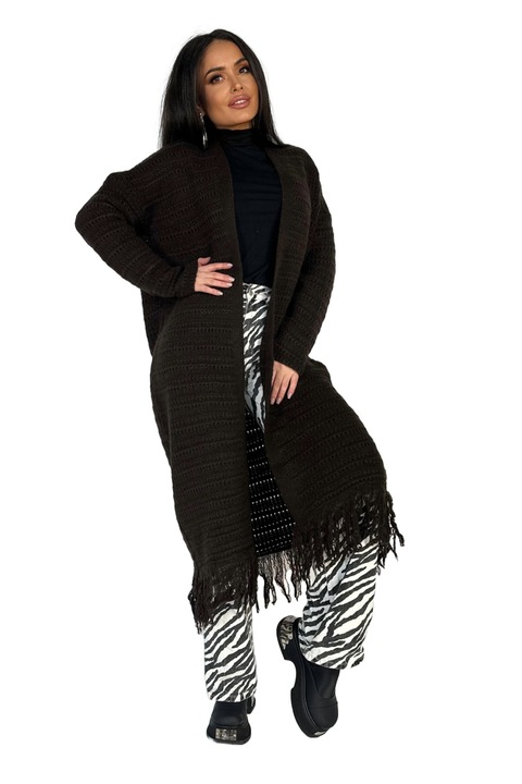 Cardigan lung, OVERSIZE din material elastic crosetat accesorizat cu fanjuri Universala, Maro