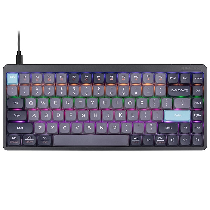 Tastatura, Tracer FINA 84, GameZone, Mecanic (Red Switch), Iluminare Rainbow, US, Cu fir / Fara fir, Negru