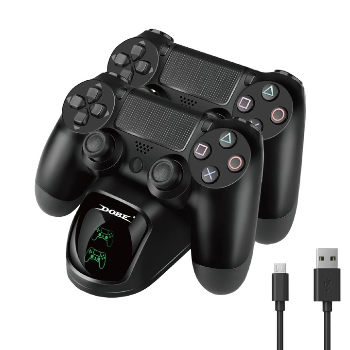 Kettős töltőállvány, Darklove, LED kijelzővel, Két kar egyszerre tölt, Túltöltés elleni védelem, Csúszásgátló, PlayStation PS4 / PS4 Pro / PS4 Slim kompatibilitás, ABS, 175x60x55mm, Fekete