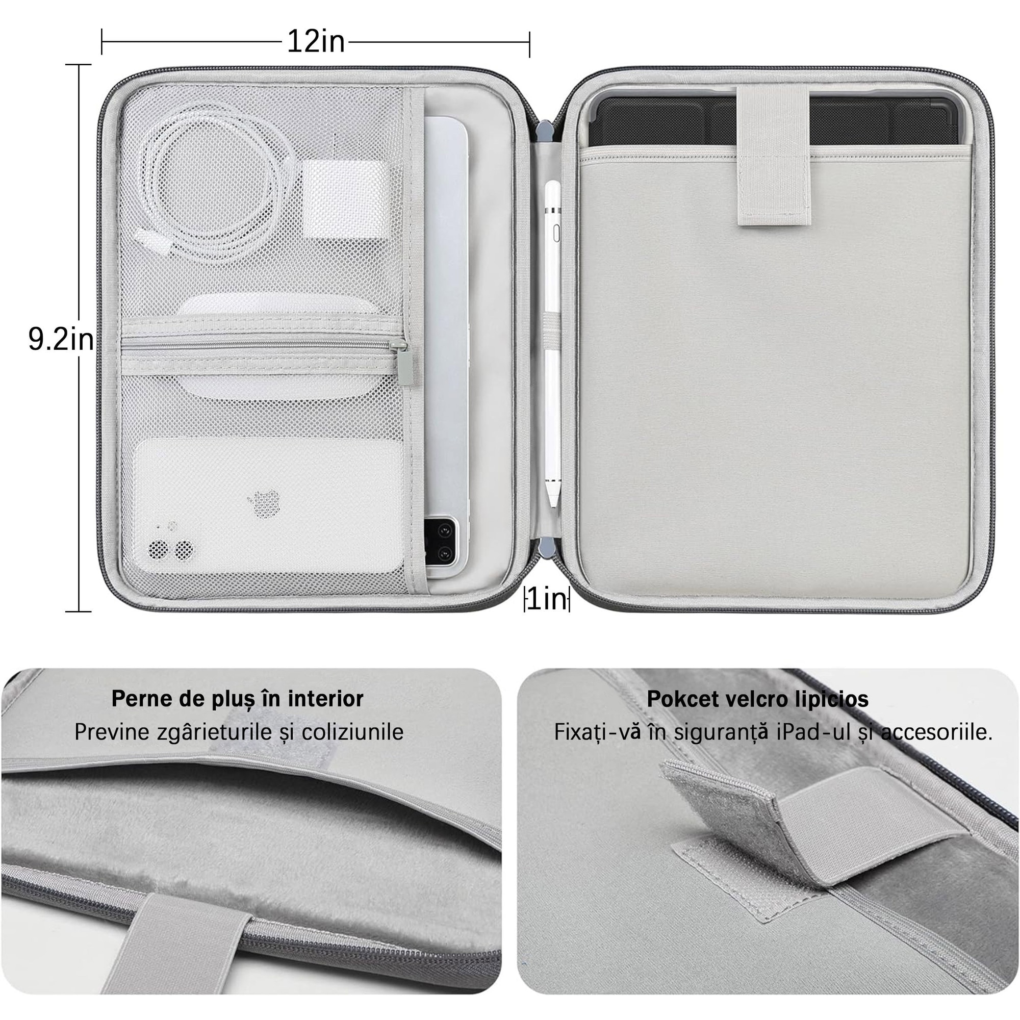 Husa de tableta, Yulinland®, pentru iPad si accesorii, compatibila Apple iPad 10.2 (2022. 2021, 2020, 2019), Apple iPad Air / (2019), Apple iPad Pro 11, Apple iPad 9.7 (2018), 30 x 23 x 3 cm, gri