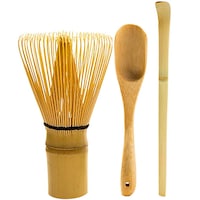 Set 3 accesorii pentru Matcha, Hggzeg, Cu lingura de bambus si buzunar de bambus agatat, 100% bambus, Repetabil si usor de curatat, Pentru prepararea ceaiului matcha, Maro