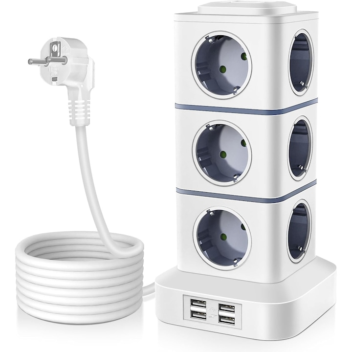 Tower Extender, Yulinland, 12 aljzat, 4 USB-port, gyorstöltés, független kapcsoló, túlfeszültség-védelem, gyermekvédelem beállítása, 1,8 M kábel, 2500 W, PC+ABS tűzálló anyag, fehér