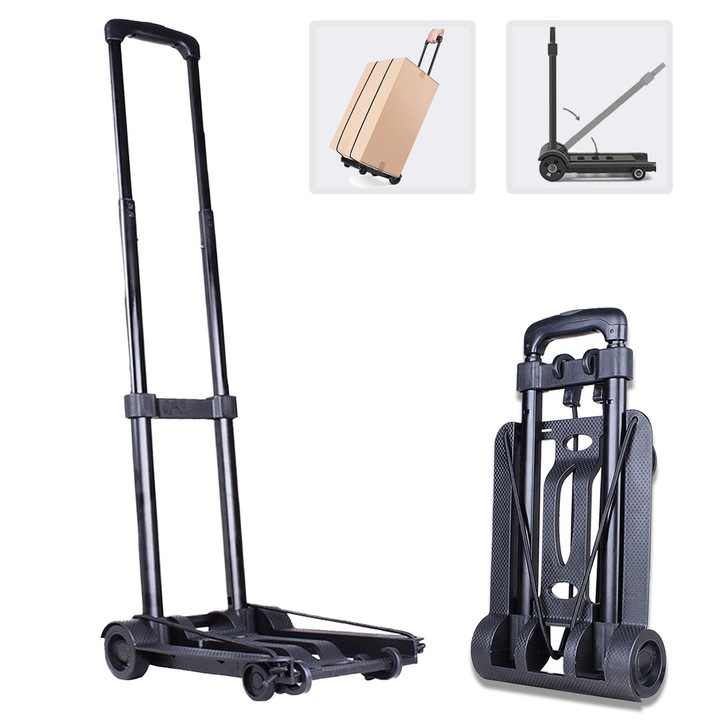 Carucior pentru transport, Yulinland®, Tija de fier, Pliabil, 2 Roti, Maxim 40 KG, cu corzi elastice pentru fixare bagaje, Negru