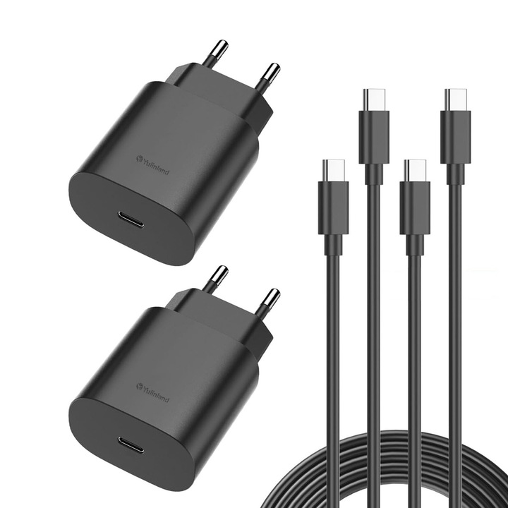 Set 2 Incarcator Fast Charge, Yulinland, 25 W, Type-C, Compatibil Telefon, iPhone, Samsung, Huawei, Xiaomi, Smartwatch, si Cablu de date fast charge 1.5m Tip C, Negru
