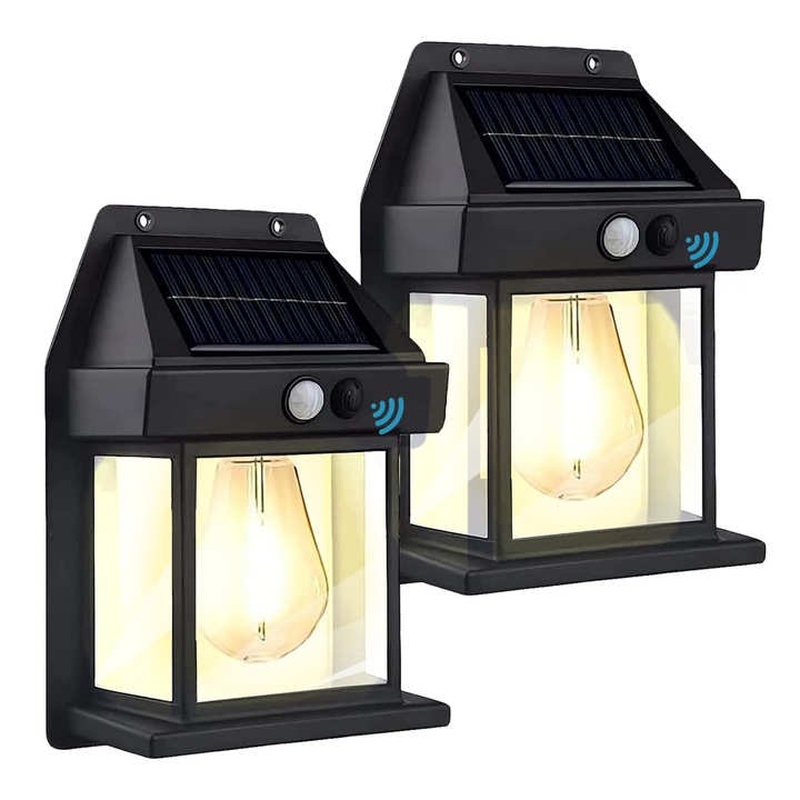Комплект от 2 външни соларни лампи, Yulinland, със сензор за движение и светлина, 3 режима на работа, водоустойчиви, захранвани от слънчева енергия за двор или градина, топла светлина