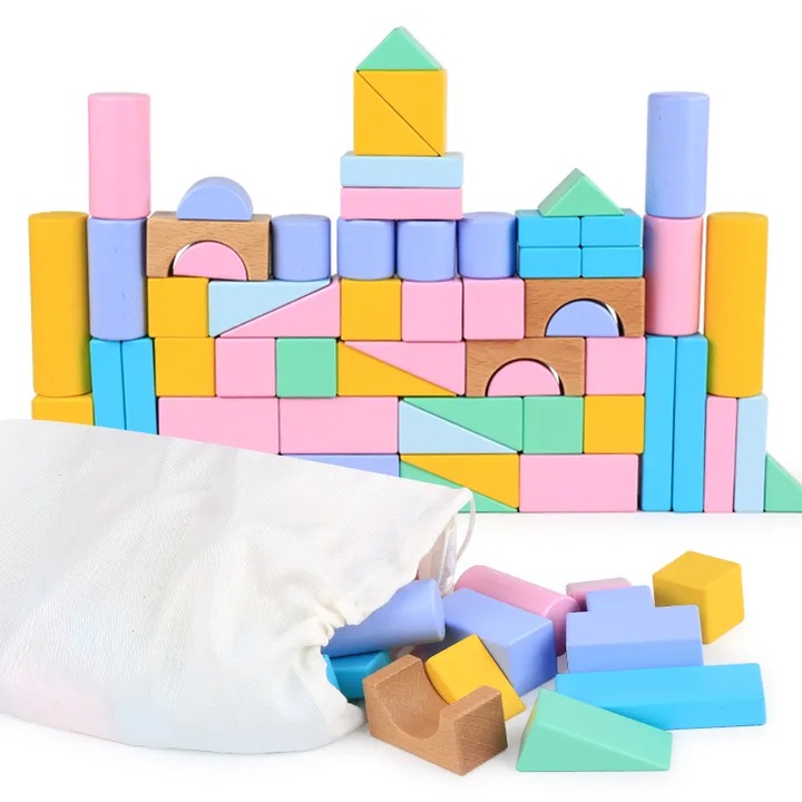 Set cuburi de constructie din lemn Ælements®, contine puzzle 6 in 1 din lemn si saculet depozitare, culori pastel, 57 piese