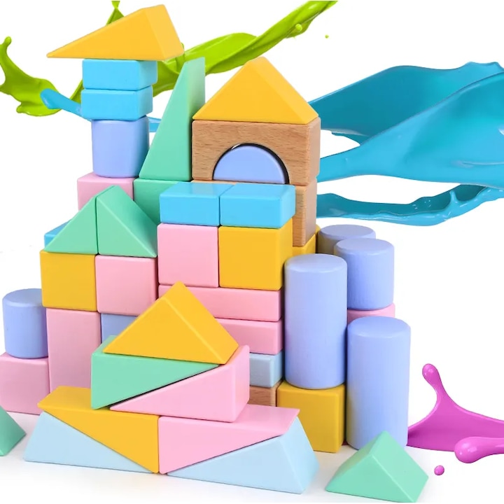 Set cuburi de constructie din lemn Ælements®, contine puzzle 6 in 1 din lemn, culori pastel, 70 piese