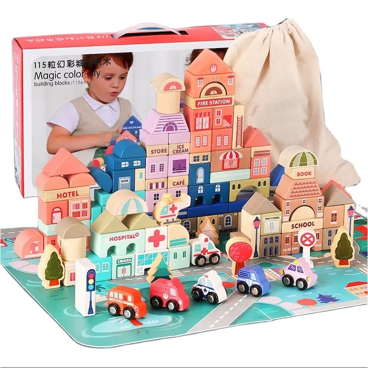 115 db-os "My City" Ælements fa építőelemes készlet, 55x42 cm-es Várostérkép puzzle-lel