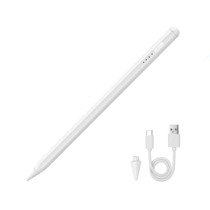 Stylus Touch Pen E-Boda Quick Draw Profesional, Compatibil iPad Apple, Touch Control, Functie Palm Rejection, Sensibilitate la inclinare, Magnetic, USB-C, Penita de rezerva inclusa, Alb