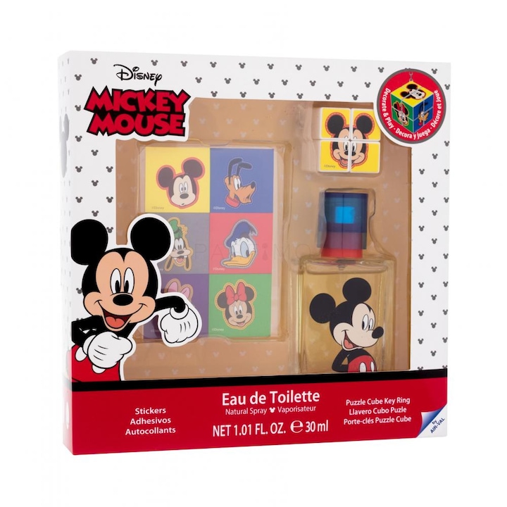 Set Cadou Disney Mickey Mouse pentru copii :parfum 30 ML, autocolante si breloc cub Rubik