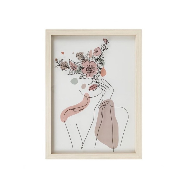Tablou decorativ cu rama din lemn si model fata cu flori, 30.5x40.5 cm