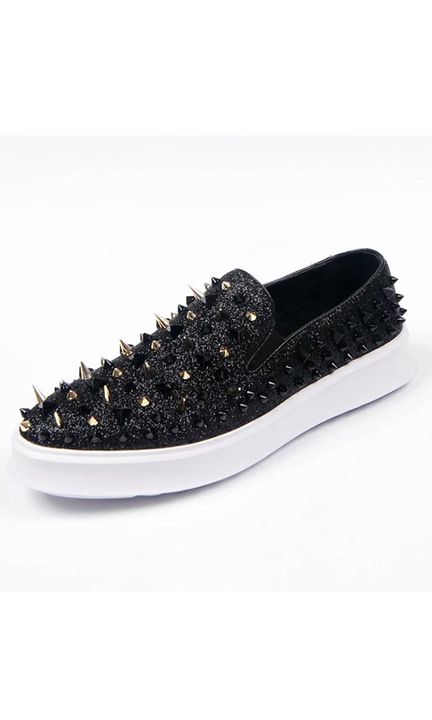 Pantofi Barbati, Zamo®, Zermatt, din Piele Ecologica, cu Scilipici si Tinte Negre, fara Inchidere, Negri, Marime 42EU