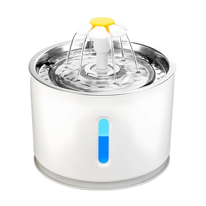 Dispenser apa automat, tip fantana pentru pisici si caini, cu adaptor USB priza, Iluminare LED, 3 trepte de reglare debit, Otel inoxidabil, cu purificare si filtrare prin carbune activ, 2.4 L, Alb