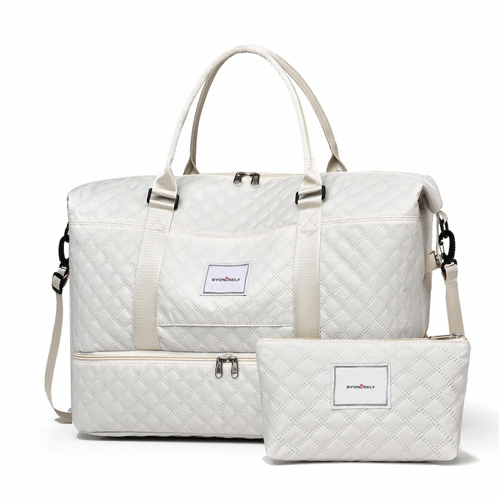 Пътна чанта, BYONDSELF®, с козметична чанта, 35 л, отделение за обувки, за йога, фитнес, пътуване, за жени, 50x24x36 см, бяла
