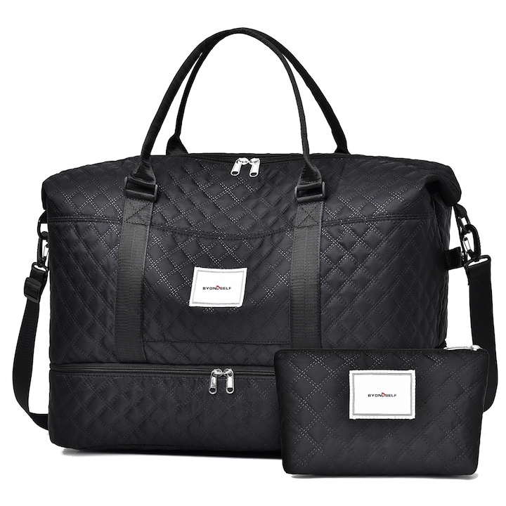 Пътна чанта, BYONDSELF®, с козметична чанта, 35 л, отделение за обувки, за йога, фитнес, пътуване, 50x24x36 см, черна