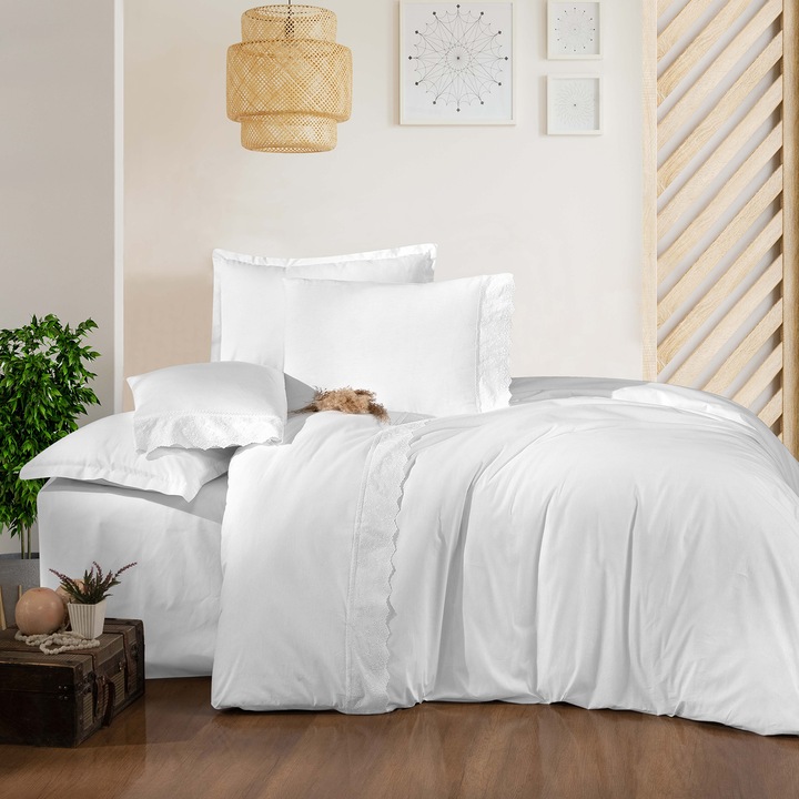 Спално бельо, 4 части, подсилен памук, бяло, чаршаф 260×240 см, чаршаф 200×220 см, 2 калъфки за възглавници 50×70 см
