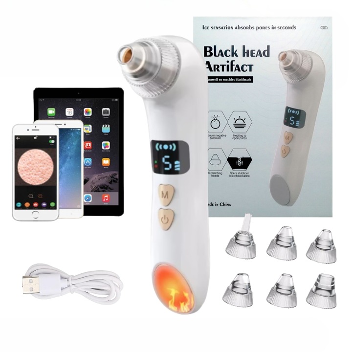 Aparat Vacuum PREMIUM pentru Puncte Negre, Simplu de Folosit, Foarte Eficient si Sigur, 6 capete, Camera Video HD Incorporata, Extragi toate impuritatile, reduci acneea si iti face pielea frumoasa