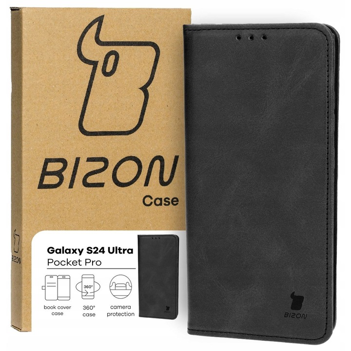 Защитен калъф Bizon за Samsung Galaxy S24 Ultra, Екологична кожа, Черен