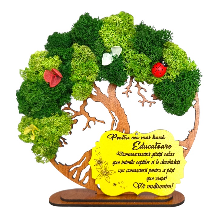 Decoratiune tablou copacul vietii, decorat cu licheni stabilizati si flori decorative, personalizat cu mesaj standard pentru educatoare, dimensiune 15cm, model 1, maro