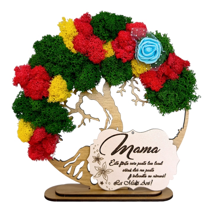 Decoratiune tablou copacul vietii, decorat cu licheni stabilizati si flori decorative, personalizat cu mesaj standard pentru mama, dimensiune 15cm, model 1 stejar, maro