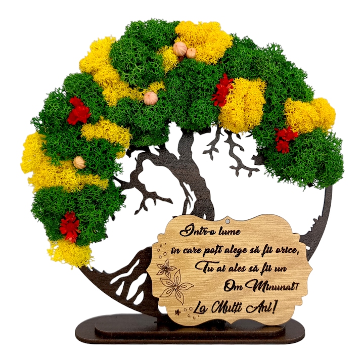 Decoratiune tablou copacul vietii, decorat cu licheni stabilizati si flori decorative, personalizat cu mesaj standard pentru prieteni, familie, fini, dimensiune 15cm, model 2, wenge