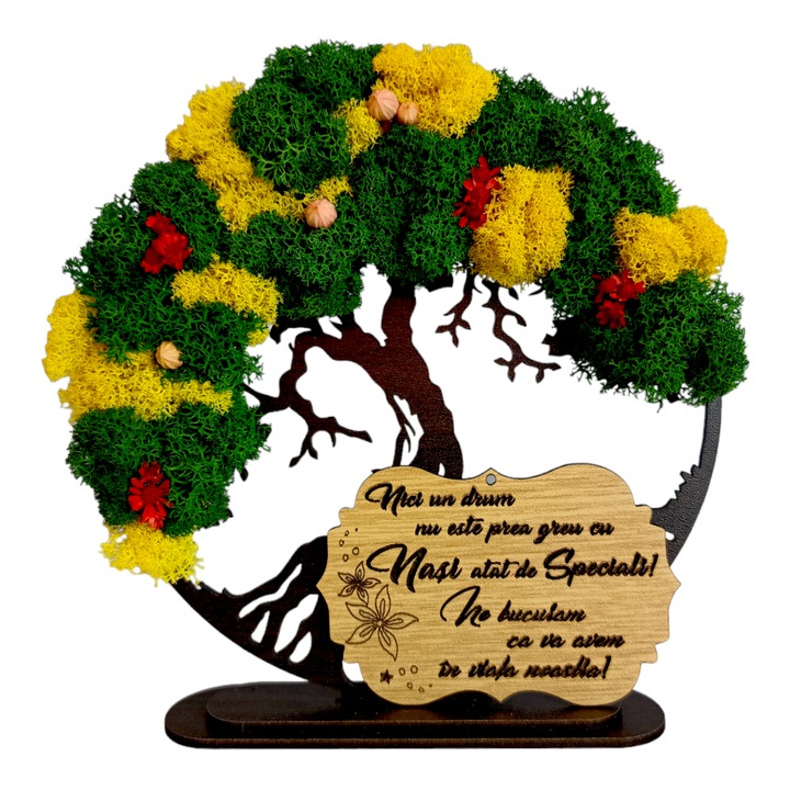 Decoratiune tablou copacul vietii, decorat cu licheni stabilizati si flori decorative, personalizat cu mesaj standard pentru nasi, dimensiune 20cm, model 2, wenge