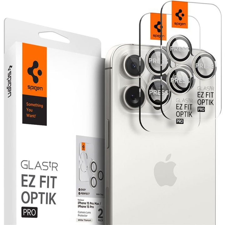 Set 6 protectii sticla camera foto Spigen Optik EZ FIT compatibil cu iPhone 14 Pro / 14 Pro Max / 15 Pro / 15 Pro Max / 16 Pro / 16 Pro Max White Titanium