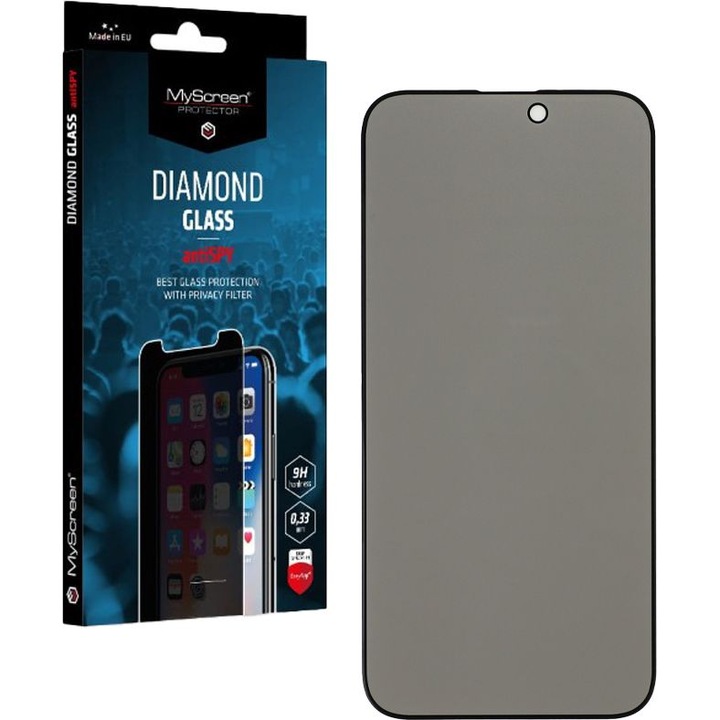 MyScreen Diamond Glass antiSPY védőburkolat iPhone 15 Pro Max készülékhez, fekete, 0,33 mm, teljes telepítőkészlet